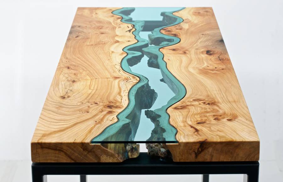 Wood Table With Glass Rivers And Lakes