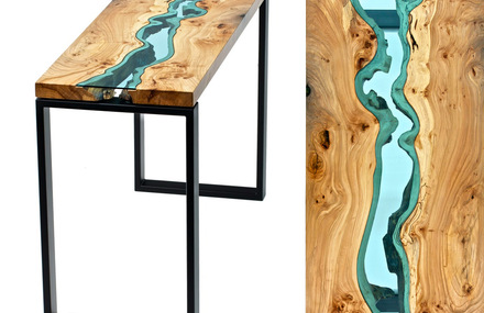 Wood Table With Glass Rivers And Lakes