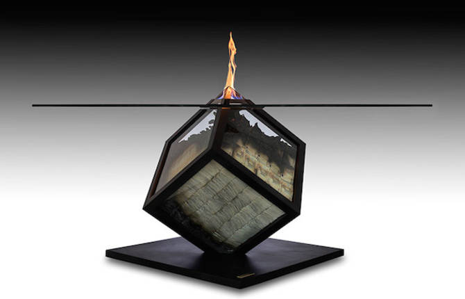 Cube On Fire Table Sculpture