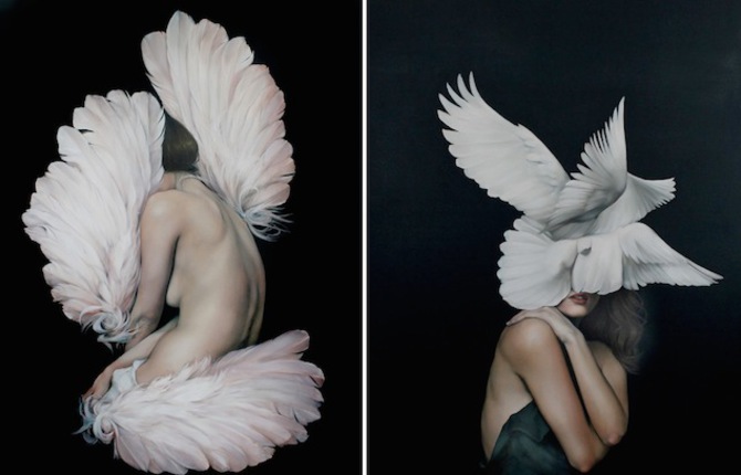 Women and Birds Realistic Paintings