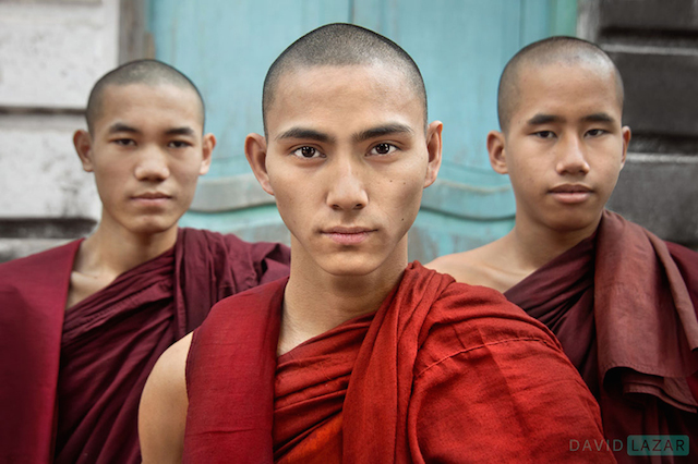 Three Monk Portrait Taken At A Monastery In Yangon