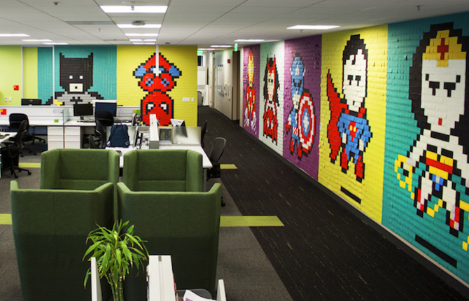 8 Bit Superheroes with Sticky Notes in an Office