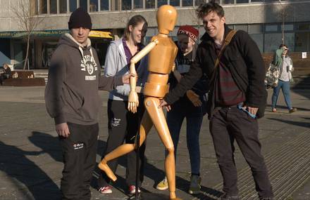 An animation with a 6ft wooden figure, moved by the public, from Fawn to dusk