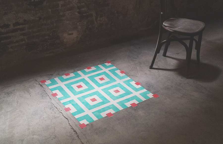 Geometric Tile-Like Patterns Sprayed on Floors in Abandoned Buildings