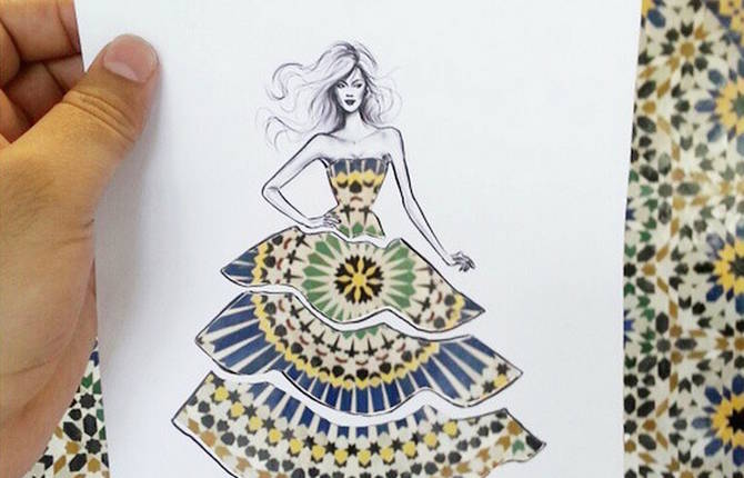 Cut-Out Dress Sketches Completed With Urban Scenes