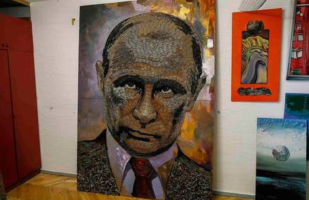 Portrait of Vladimir Putin Made of 5000 Bullet Cases