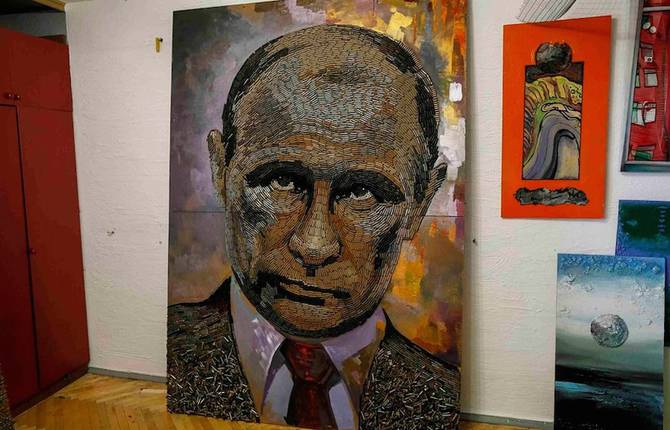 Portrait of Vladimir Putin Made of 5000 Bullet Cases