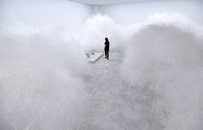 White Tornado Installation Made of Transparent Straws