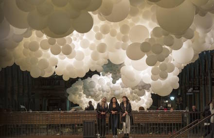 White Balloons Installation in 19th Century Market Building