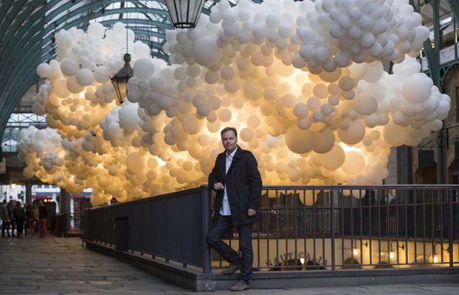 White Balloons Installation in 19th Century Market Building