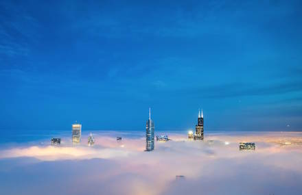 Clouds and Fog on Skyscrapers in Chicago