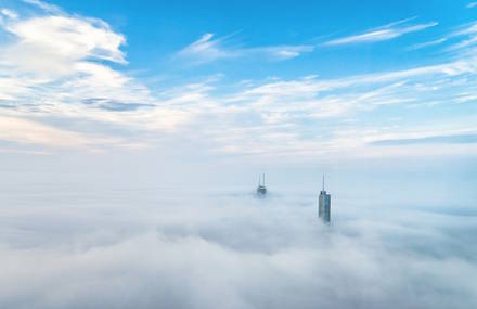 Clouds and Fog on Skyscrapers in Chicago