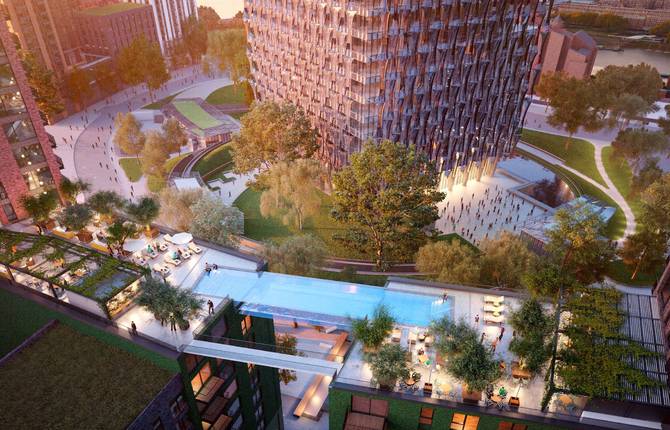 A Swimming Pool Between Two Towers In London