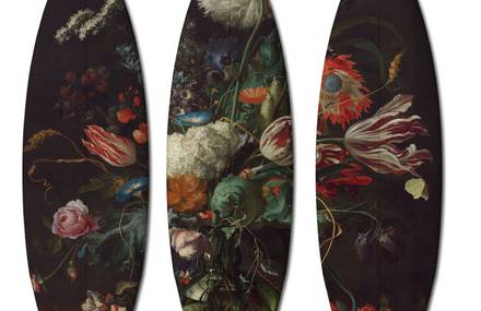 Surfboards and Skateboards Covered with Classical Paintings