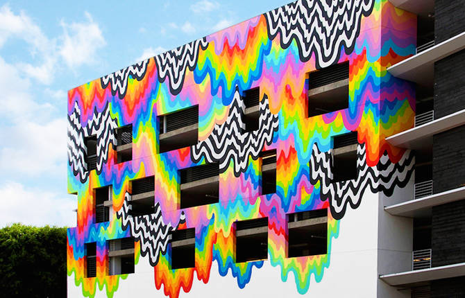 Vibrant Melting Paint Mural on a Mall Facade