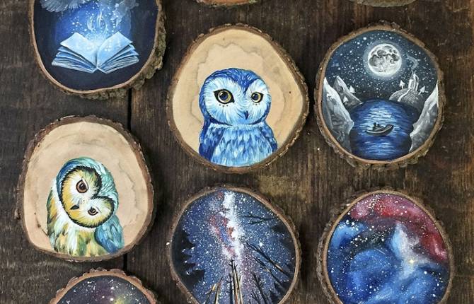 Tiny Paintings on Recycled Wood Pieces