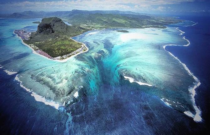 Incredible Aerial Illusion of an Underwater Waterfall in Mauritius