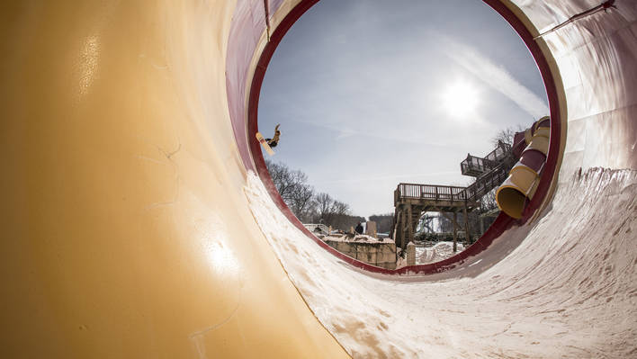 Snowboarding in an Empty Waterpark