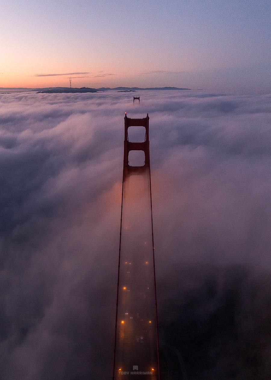 Golden Gate Bridge Aerial Fog Sunrise