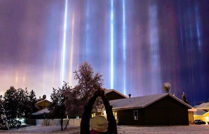 Cold Weather Phenomenon Displaying Beautiful Light Pillars in the Sky