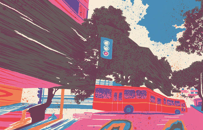Tricolored Illustrations Inspired by a Random Walk using Google Street View
