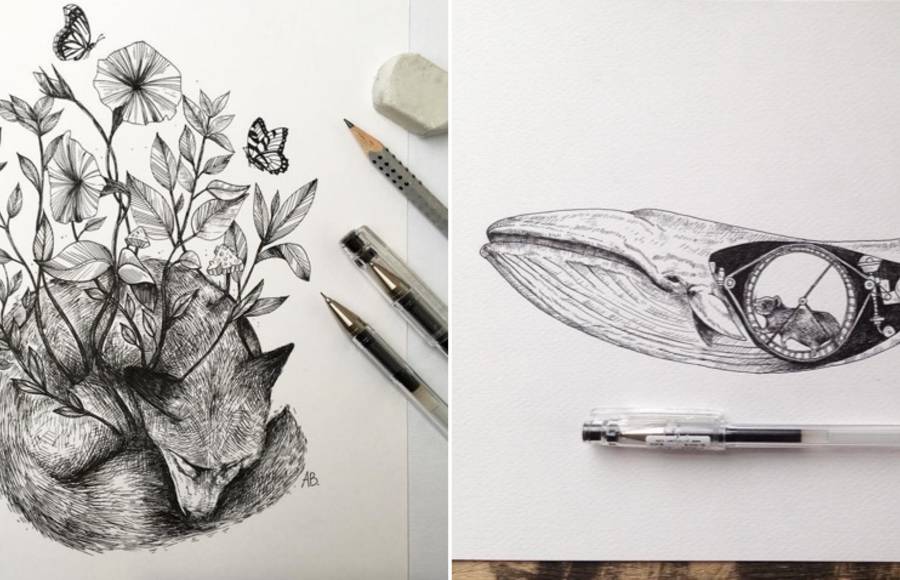 Poetic Surreal Black Ink Pen Illustrations