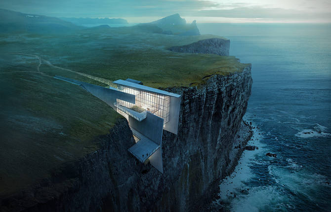 Concrete Geometrical House Concept on a Cliff in Iceland