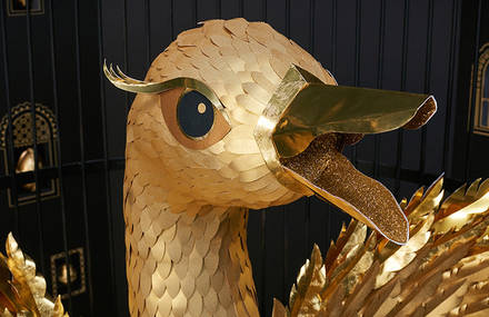 Golden Goose & Eggs Sculpture Made of Paper