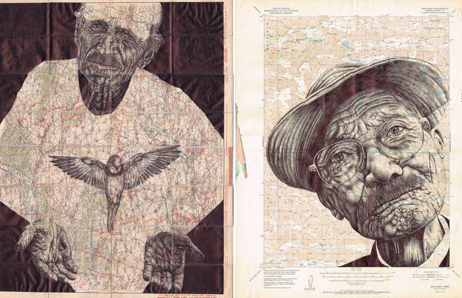 Ballpoint Pen Illustrations on Vintages Maps