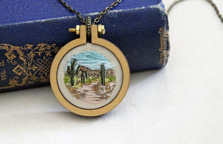 Tiny Embroidered Pendants Showing Landscapes of the World