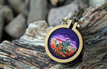 Tiny Embroidered Pendants Showing Landscapes of the World