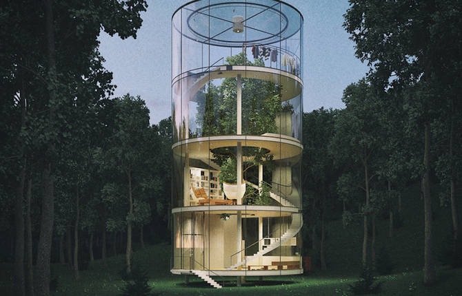 Circular Glass House Featuring a Big Tree in its Heart