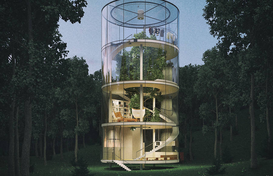 Circular Glass House Featuring a Big Tree in its Heart