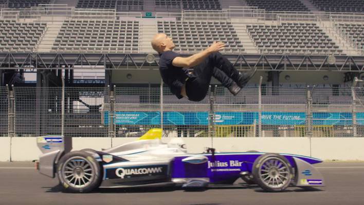 Backflip Over Speeding Formula E Car