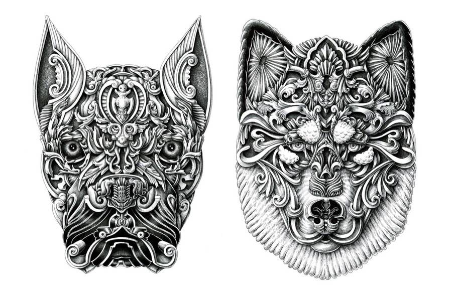 Stunning Ornate Dog Heads Drawings