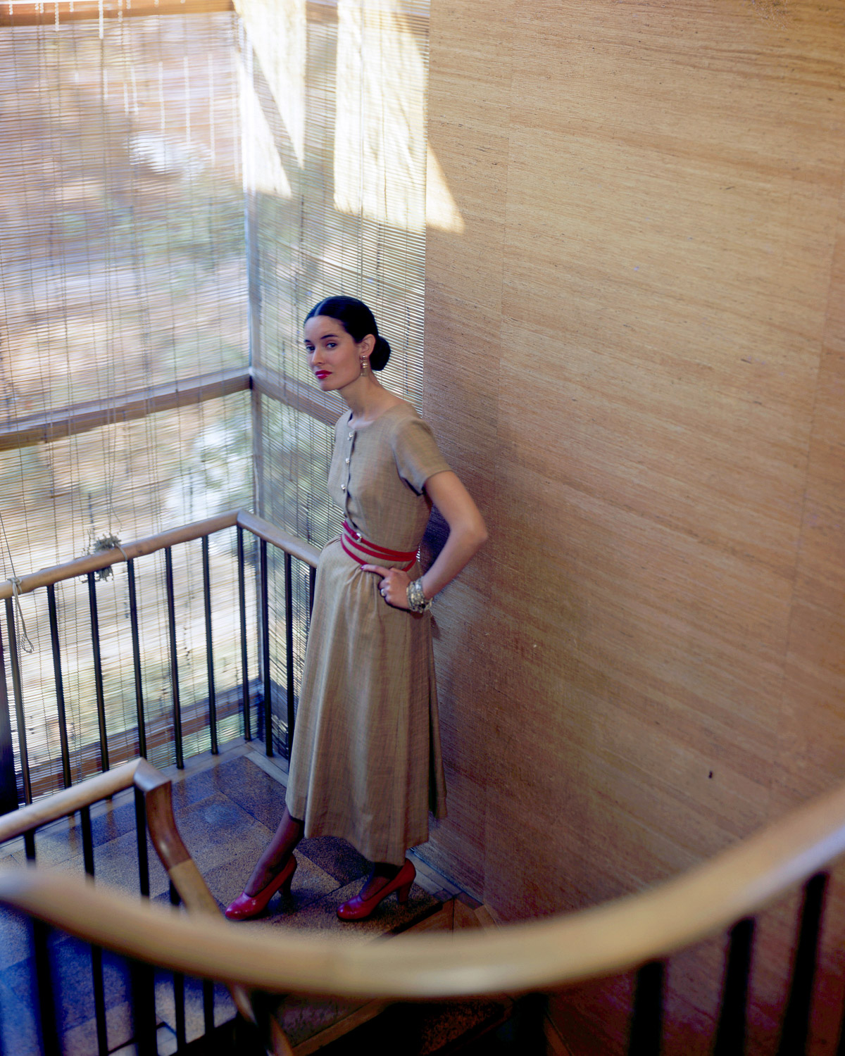 Woman Modeling Tan Wool Dress