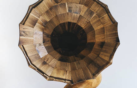 Giant Wooden Speaker Made from Reclaimed Liquor Barrels