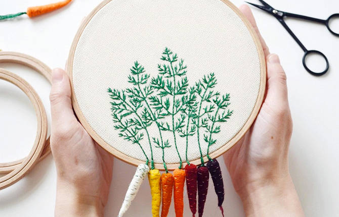 Felted Veggies Hung on Embroidery Hoops
