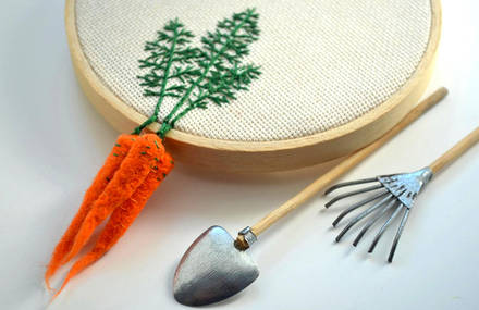 Felted Veggies Hung on Embroidery Hoops