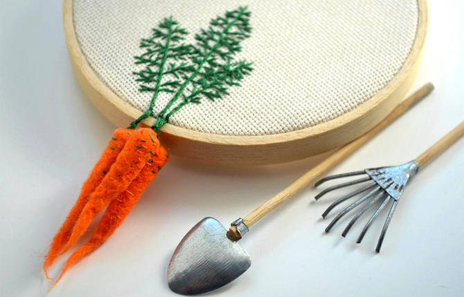 Felted Veggies Hung on Embroidery Hoops