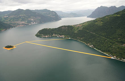 Orange Floating Path Installation in the Middle of an Italian Lake