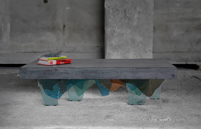 Strong Table made from Concrete and Bits of Glass