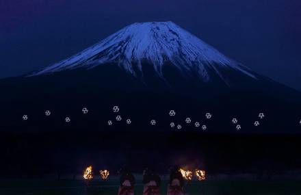 Beautiful Drone Ballet before the Mount Fuji