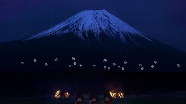 Beautiful Drone Ballet before the Mount Fuji