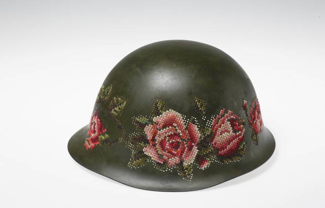 Floral Elements Embroidered on Old Soldiers Helmets