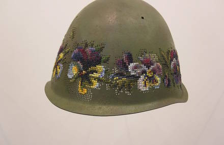 Floral Elements Embroidered on Old Soldiers Helmets