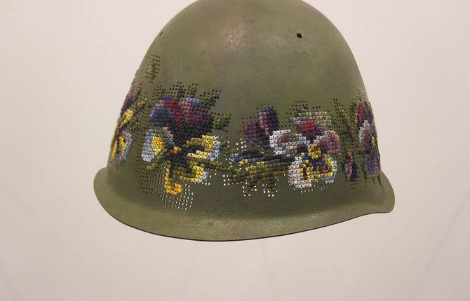 Floral Elements Embroidered on Old Soldiers Helmets