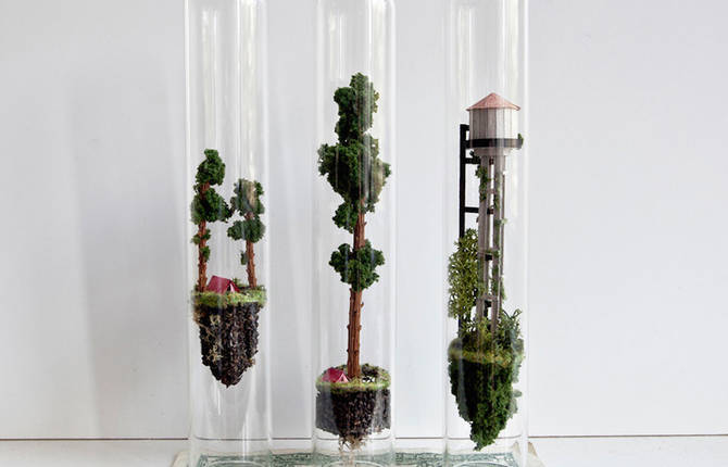 Miniature Suspended Houses in Test Tubes