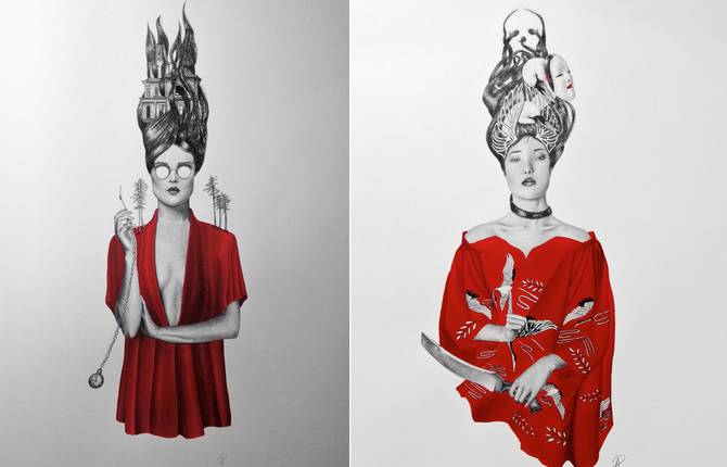 Black & Red Pencil Illustrations