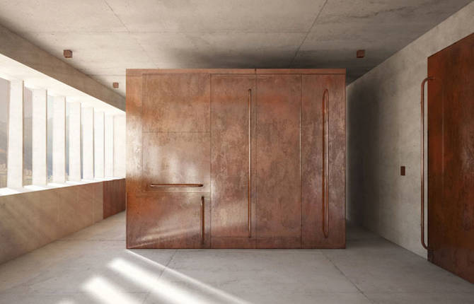Copper-Clad Box That Unfolds to Become an Art Storage Space